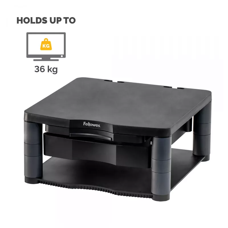 Fellowes kompiuterio monitoriaus stovas su 3 aukščio reguliavimais - Premium Monitor Riser Plus su kabelių valdymu - Ergonominis reguliuojamas monitoriaus stovas kompiuteriams - Maks. svoris 36 kg / Maks. dydis 21 col. - Grafitinis