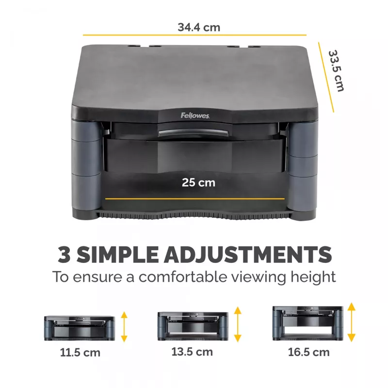 Fellowes kompiuterio monitoriaus stovas su 3 aukščio reguliavimais - Premium Monitor Riser Plus su kabelių valdymu - Ergonominis reguliuojamas monitoriaus stovas kompiuteriams - Maks. svoris 36 kg / Maks. dydis 21 col. - Grafitinis
