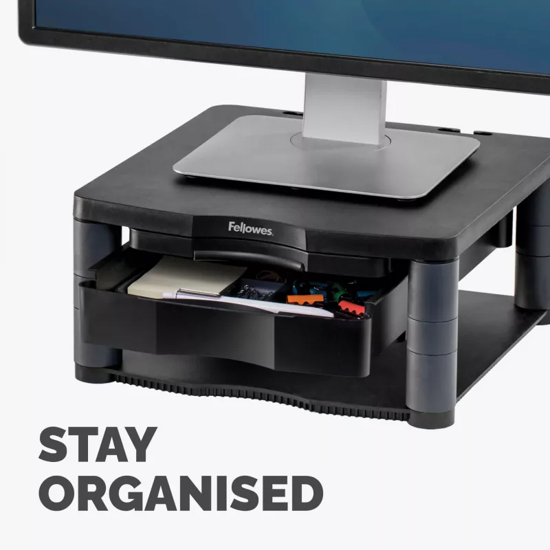 Fellowes kompiuterio monitoriaus stovas su 3 aukščio reguliavimais - Premium Monitor Riser Plus su kabelių valdymu - Ergonominis reguliuojamas monitoriaus stovas kompiuteriams - Maks. svoris 36 kg / Maks. dydis 21 col. - Grafitinis