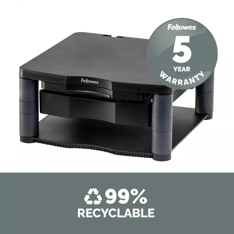 Fellowes kompiuterio monitoriaus stovas su 3 aukščio reguliavimais - Premium Monitor Riser Plus su kabelių valdymu - Ergonominis reguliuojamas monitoriaus stovas kompiuteriams - Maks. svoris 36 kg / Maks. dydis 21 col. - Grafitinis