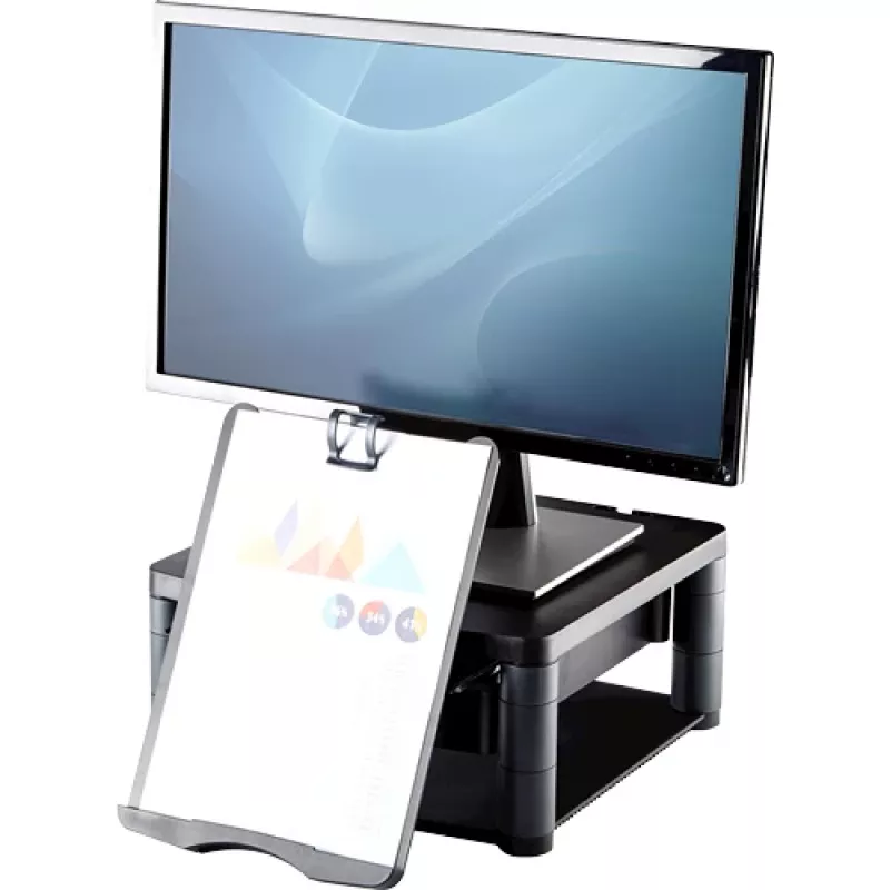 Fellowes kompiuterio monitoriaus stovas su 3 aukščio reguliavimais - Premium Monitor Riser Plus su kabelių valdymu - Ergonominis reguliuojamas monitoriaus stovas kompiuteriams - Maks. svoris 36 kg / Maks. dydis 21 col. - Grafitinis