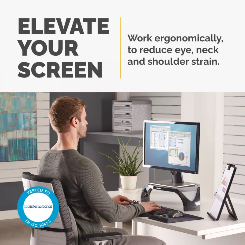Fellowes kompiuterio monitoriaus stovas su 3 aukščio reguliavimais - Smart Suites monitoriaus pakyla - ergonomiškas reguliuojamas monitoriaus stovas kompiuteriams - maks. svoris 10 kg / maks. dydis 21 col. - juodas