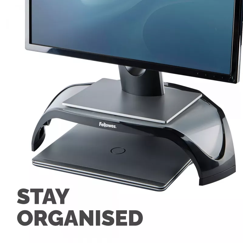 Fellowes kompiuterio monitoriaus stovas su 3 aukščio reguliavimais - Smart Suites monitoriaus pakyla - ergonomiškas reguliuojamas monitoriaus stovas kompiuteriams - maks. svoris 10 kg / maks. dydis 21 col. - juodas