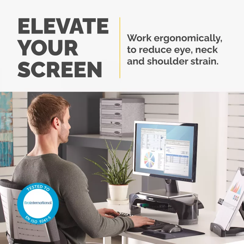 “Fellowes” kompiuterio monitoriaus stovas su 3 aukščio reguliavimais - “Smart Suites” monitoriaus pakyla “Plus” su saugojimo vieta - ergonomiškas reguliuojamas monitoriaus stovas kompiuteriams - maks. svoris 10 kg / maks. dydis 21 colis - juodas