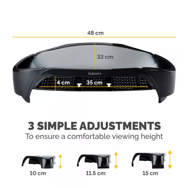 “Fellowes” kompiuterio monitoriaus stovas su 3 aukščio reguliavimais - “Smart Suites” monitoriaus pakyla “Plus” su saugojimo vieta - ergonomiškas reguliuojamas monitoriaus stovas kompiuteriams - maks. svoris 10 kg / maks. dydis 21 colis - juodas