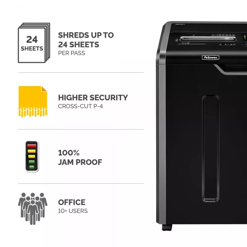Fellowes dokumentų smulkintuvas 325Ci, 24 lapų kryžminis smulkintuvas su 83 litrų dėže, aukštas saugumas P4