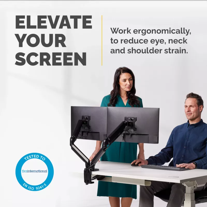 Fellowes Platinum serijos dvigubas monitoriaus laikiklis – tvirtinimas dviems 8 kg 40 ″ ekranams – reguliuojamas dvigubas monitoriaus stalo laikiklis – pasvirimas 45° sukiojimas 180° pasukimas 360° sukimasis 360°, VESA 75 x 75/100 x 100 – juoda