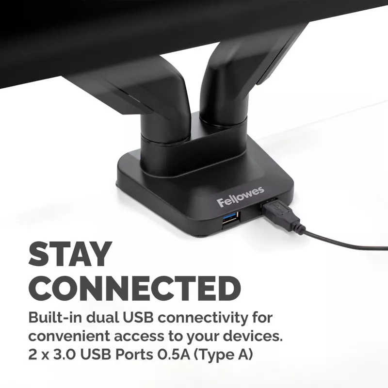 Fellowes Platinum serijos dvigubas monitoriaus laikiklis – tvirtinimas dviems 8 kg 40 ″ ekranams – reguliuojamas dvigubas monitoriaus stalo laikiklis – pasvirimas 45° sukiojimas 180° pasukimas 360° sukimasis 360°, VESA 75 x 75/100 x 100 – juoda