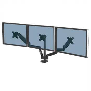 Fellowes Platinum Series triguba monitoriaus rankena – Monitoriaus laikiklis trims 7 kg, 27 colių ekranams – Reguliuojamas trigubas monitoriaus stalinis laikiklis – Pasvirimas 45°, pasukimas 180°, apsukimas 360°, sukimasis 360°, VESA 75 x 75/100 x 100 – Juoda
