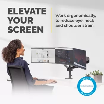 Fellowes Platinum Series triguba monitoriaus rankena – Monitoriaus laikiklis trims 7 kg, 27 colių ekranams – Reguliuojamas trigubas monitoriaus stalinis laikiklis – Pasvirimas 45°, pasukimas 180°, apsukimas 360°, sukimasis 360°, VESA 75 x 75/100 x 100 – Juoda