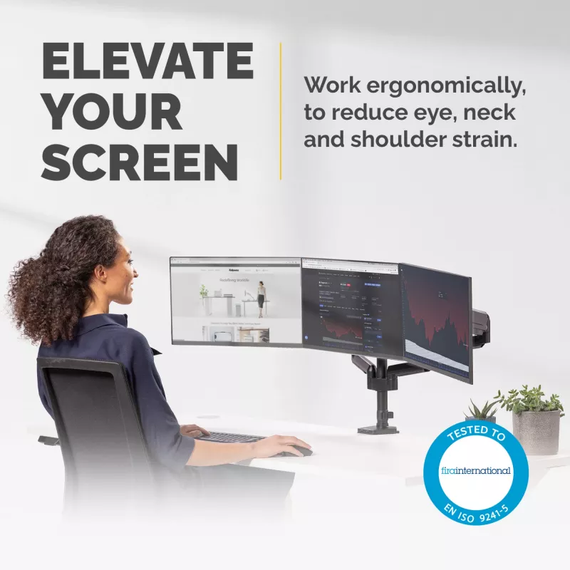 Fellowes Platinum Series triguba monitoriaus rankena – Monitoriaus laikiklis trims 7 kg, 27 colių ekranams – Reguliuojamas trigubas monitoriaus stalinis laikiklis – Pasvirimas 45°, pasukimas 180°, apsukimas 360°, sukimasis 360°, VESA 75 x 75/100 x 100 – Juoda