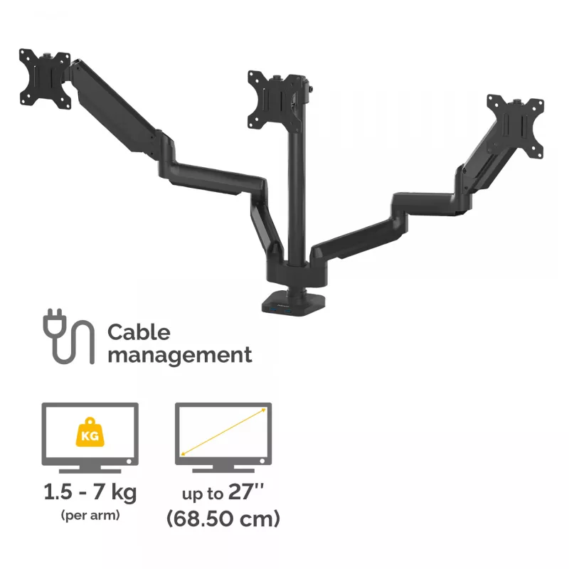 Fellowes Platinum Series triguba monitoriaus rankena – Monitoriaus laikiklis trims 7 kg, 27 colių ekranams – Reguliuojamas trigubas monitoriaus stalinis laikiklis – Pasvirimas 45°, pasukimas 180°, apsukimas 360°, sukimasis 360°, VESA 75 x 75/100 x 100 – Juoda