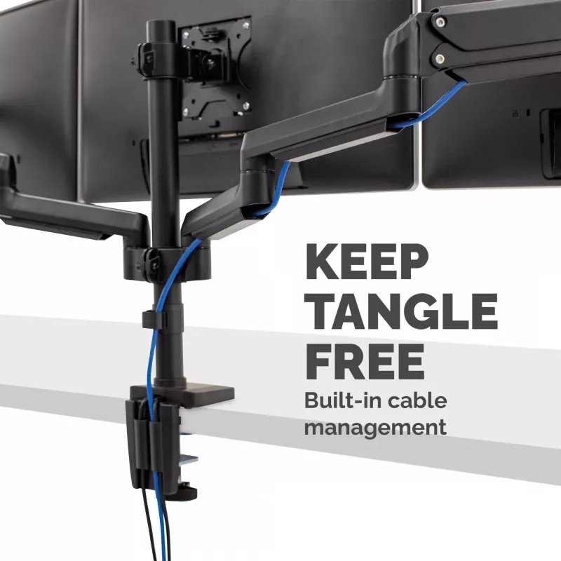 Fellowes Platinum Series triguba monitoriaus rankena – Monitoriaus laikiklis trims 7 kg, 27 colių ekranams – Reguliuojamas trigubas monitoriaus stalinis laikiklis – Pasvirimas 45°, pasukimas 180°, apsukimas 360°, sukimasis 360°, VESA 75 x 75/100 x 100 – Juoda