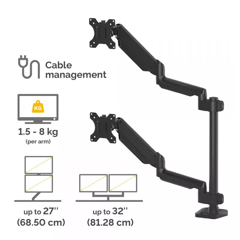 Fellowes Platinum Series dvigubas stebėjimo monitoriaus laikiklis - Monitoriaus laikiklis dviem 8KG 27 colių ekranams - Reguliuojamas dvigubo monitoriaus stalo laikiklis - Pakreipimas 45° Pasukimas 180° Sukiojimas 360° Sukimasis 360°, VESA 75 x 75/100 x 100 - Juoda