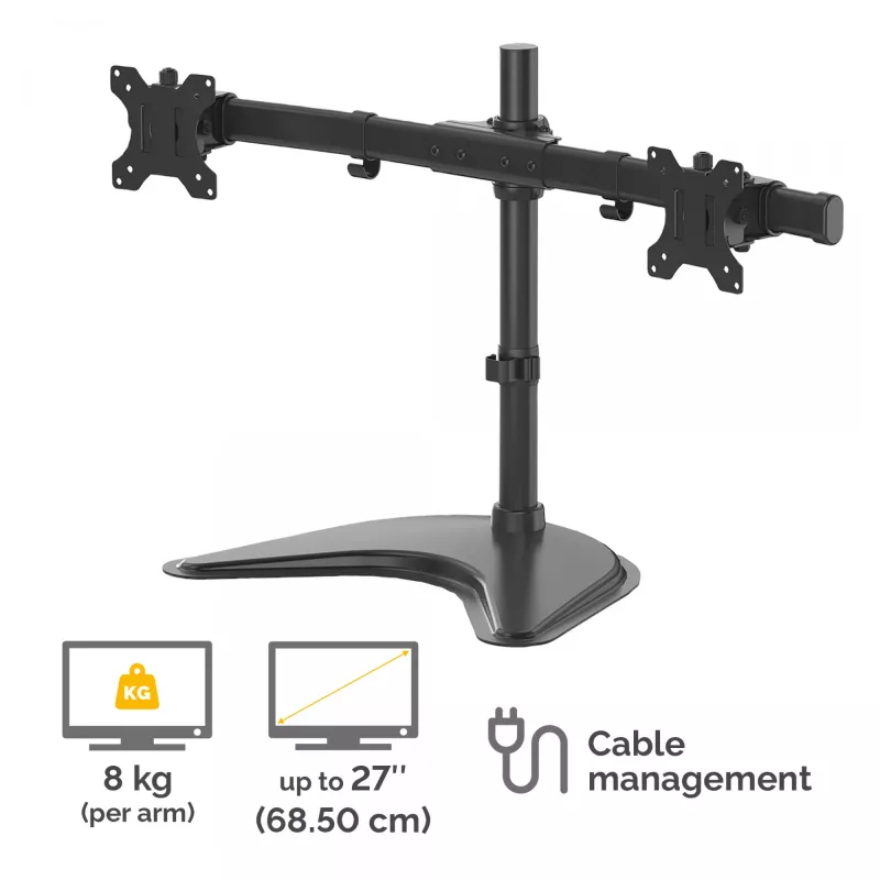 Fellowes Seasa dviejų monitorių laikiklis – laisvai stovintis monitoriaus tvirtinimas 8KG 27 colių ekranams – ergonomiškas reguliuojamas monitoriaus laikiklis – pakreipimas 45° pasukimas 120° pasukimas 360°, VESA 75 x 75/100 x 100 – juodas