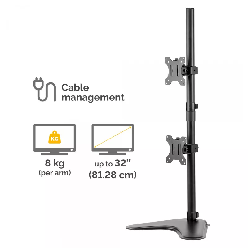 Fellowes Seasa dvigubas stulpinis monitoriaus stovas – laisvai pastatomas monitoriaus laikiklis 8 kg, 32 colių ekranams – ergonomiška reguliuojama monitoriaus ranka – pakreipimas 45°, pasukimas 120°, sukimas 360°, VESA 75 x 75/100 x 100 – juodas