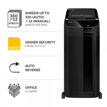 Fellowes popieriaus smulkintuvas 350 lapų automatinio padavimo kryžminio pjovimo smulkintuvas AutoMax 350C su 68 litrų dėže aukšto saugumo P4