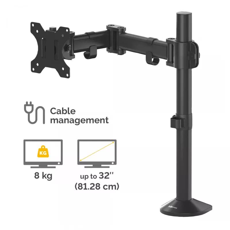 Fellowes Reflex monitoriaus laikiklis - Monitoriaus tvirtinimas 8 kg 32 colių ekranams - Reguliuojamas monitoriaus stalviršio laikiklis - Pakreipimas 45° pasukimas 180° apsukimas 360°, VESA 75 x 75/100 x 100 - Juodas