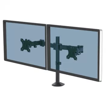 Fellowes Reflex dvigubas monitoriaus laikiklis - Dvigubas monitoriaus laikiklis 8 kg 27 colių ekranams - Reguliuojamas monitoriaus stalviršio laikiklis - Pasvirimo kampas 45°, pasukimo kampas 180°, apsukimo kampas 360°, VESA 75 x 75/100 x 100 - Juoda
