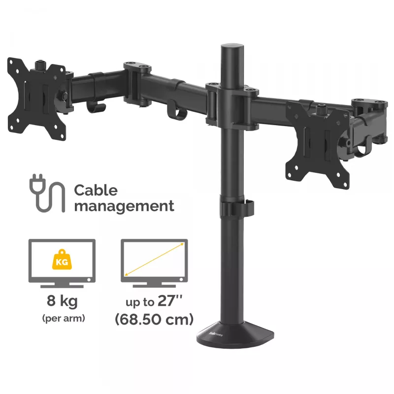 Fellowes Reflex dvigubas monitoriaus laikiklis - Dvigubas monitoriaus laikiklis 8 kg 27 colių ekranams - Reguliuojamas monitoriaus stalviršio laikiklis - Pasvirimo kampas 45°, pasukimo kampas 180°, apsukimo kampas 360°, VESA 75 x 75/100 x 100 - Juoda