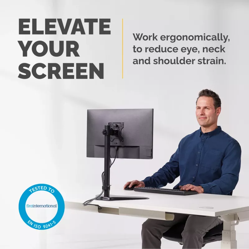 Fellowes Seasa vienas monitoriaus laikiklis - laisvai pastatomas monitoriaus stovas 8 kg 32 colių ekranams - ergonomiškai reguliuojama monitoriaus ranka - pakreipimas 45° pasukimas 120° sukimasis 360°, VESA 75 x 75/100 x 100 - juoda