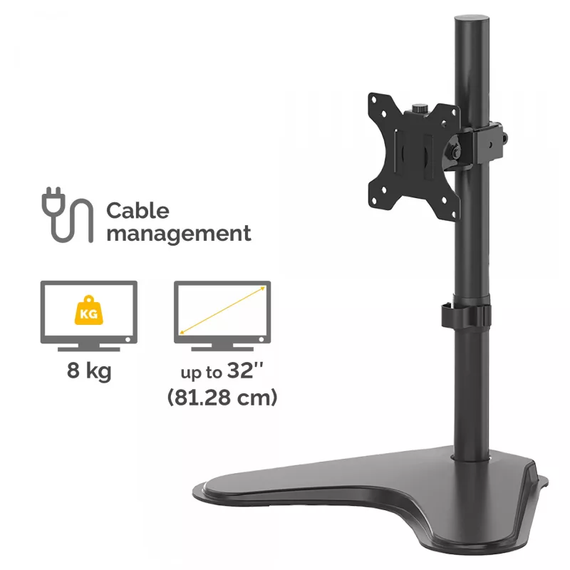 Fellowes Seasa vienas monitoriaus laikiklis - laisvai pastatomas monitoriaus stovas 8 kg 32 colių ekranams - ergonomiškai reguliuojama monitoriaus ranka - pakreipimas 45° pasukimas 120° sukimasis 360°, VESA 75 x 75/100 x 100 - juoda