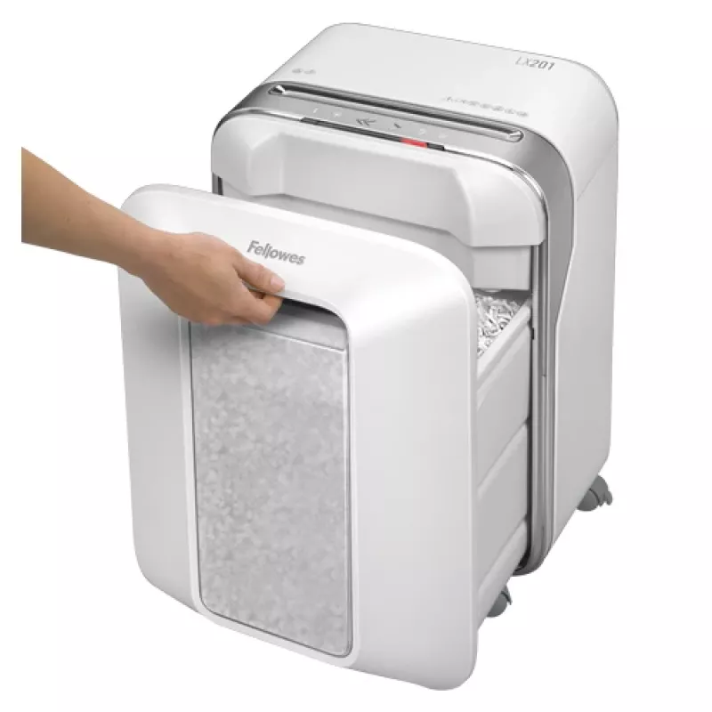 Fellowes Powershred LX201 mikro pjovimo smulkintuvas baltas, Mikro pjovimo smulkinimas, 23 cm, 2 x 12 mm, 22 L, Jutiklinis valdymas, 4 ratukai (-ų)