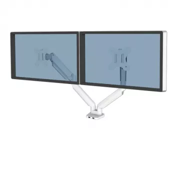 „Fellowes Platinum“ serijos dvigubas monitoriaus laikiklis – laikiklis dviem 8 kg sveriantiems 40 colių ekranams – reguliuojamas dvigubas monitoriaus stalo laikiklis – pakreipimas 45°, pasukimas 180°, pasukimas 360°, sukimasis 360°, VESA 75 x 75/100 x 100 – baltas