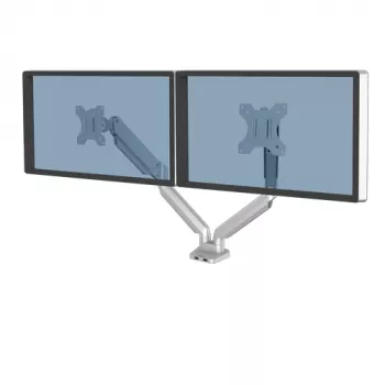 Fellowes Platinum serijos dvigubas monitoriaus laikiklis - monitoriaus laikiklis dviem 8 kg 40 colių ekranams - reguliuojamas dvigubas monitoriaus stalinis laikiklis - pakreipimas 45°, pasukimas 180°, pasukiojimas 360° - sidabrinis