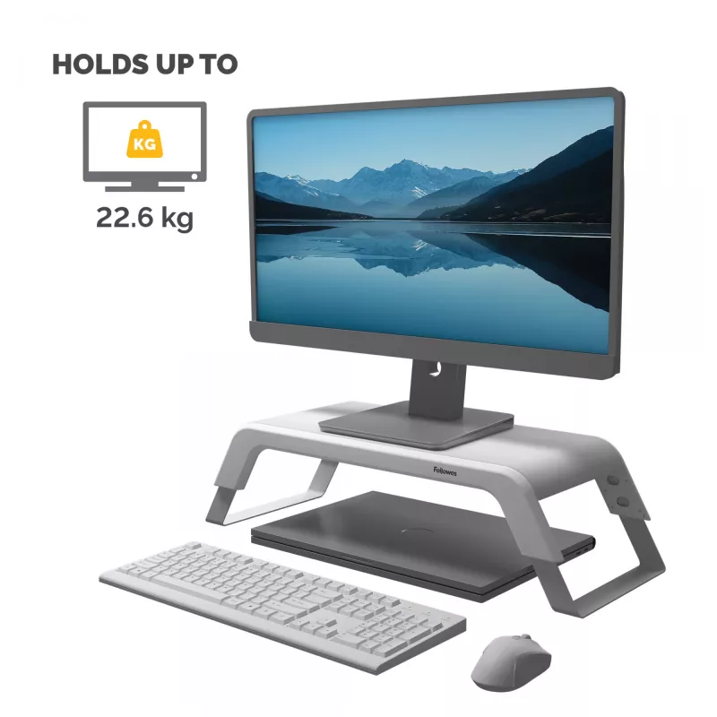 Fellowes kompiuterio monitoriaus stovas su 3 aukščio reguliavimais - Hana LT monitoriaus pakyla - ergonomiškas reguliuojamas monitoriaus stovas kompiuteriams - maks. svoris 22,6 kg - balta