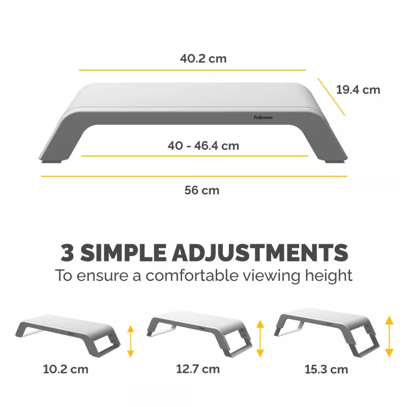 Fellowes kompiuterio monitoriaus stovas su 3 aukščio reguliavimais - Hana LT monitoriaus pakyla - ergonomiškas reguliuojamas monitoriaus stovas kompiuteriams - maks. svoris 22,6 kg - balta