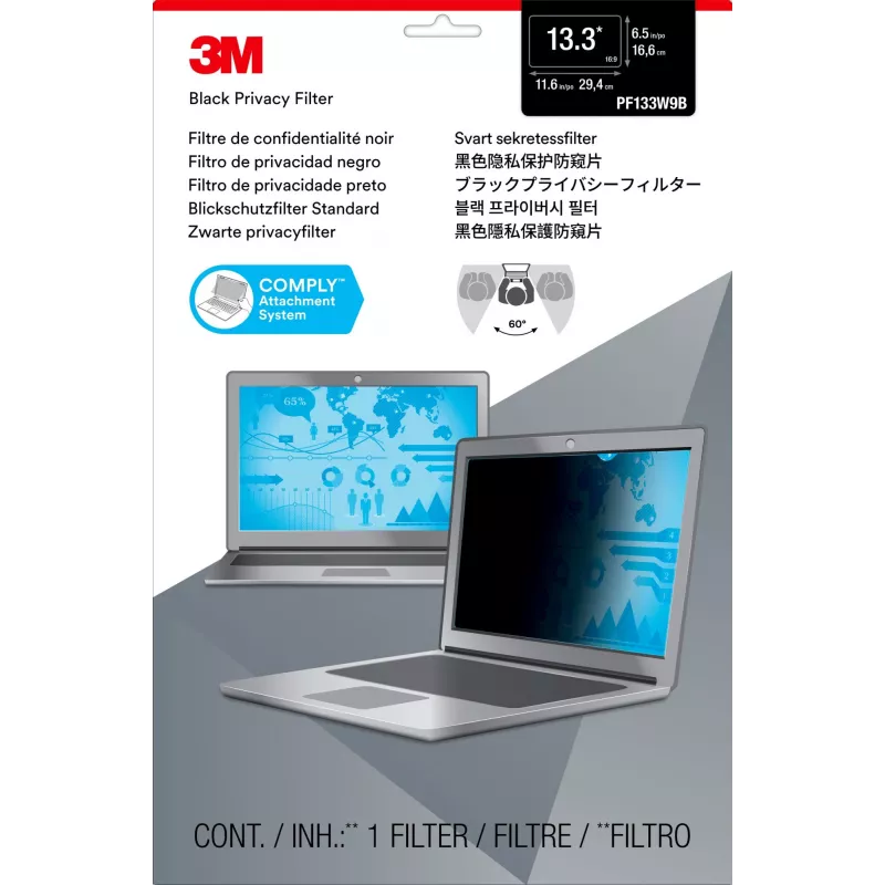 3M privatumo filtras 13,3 colių plačiaekraniam nešiojamajam kompiuteriui, 33,8 cm (13,3 colio), 16:9, nešiojamasis kompiuteris, berėmis ekrano privatumo filtras, neatspindintis