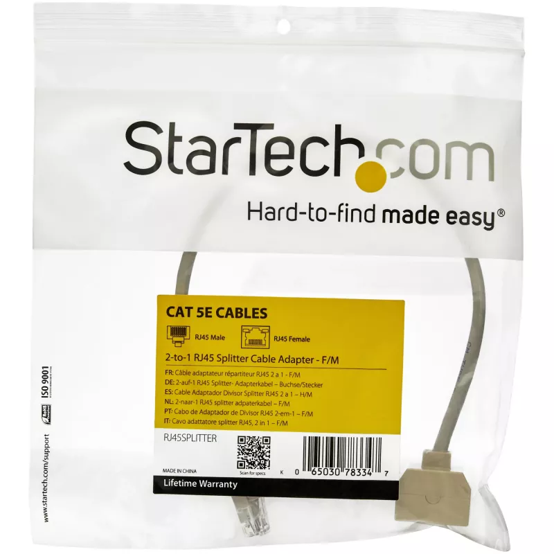 StarTech.com 2-in-1 RJ45 skirstytuvo kabelio adapteris - F/M, 10/100Base-T(X), Cat5e, Pilka, Polivinilchloridas (PVC), 0.33 m, Kištukas/Lizdas