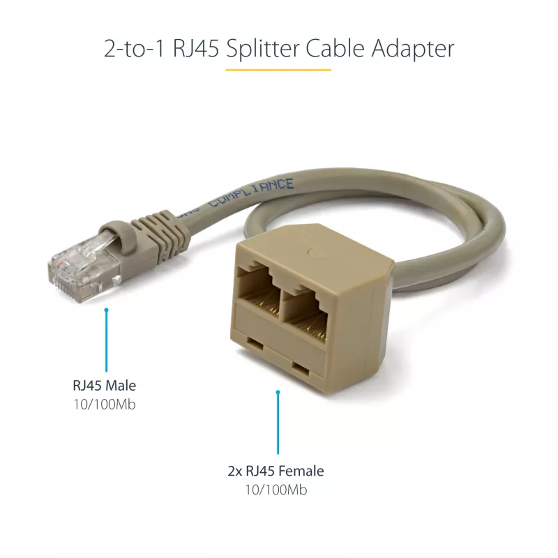 StarTech.com 2-in-1 RJ45 skirstytuvo kabelio adapteris - F/M, 10/100Base-T(X), Cat5e, Pilka, Polivinilchloridas (PVC), 0.33 m, Kištukas/Lizdas