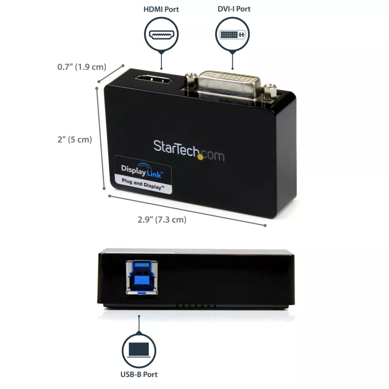 StarTech.com USB 3.0 į HDMI / DVI adapteris - 2048x1152, 3.2 Gen 1 (3.1 Gen 1), USB Type-B, DVI išvestis, HDMI išvestis, 2048 x 1152 pikseliai