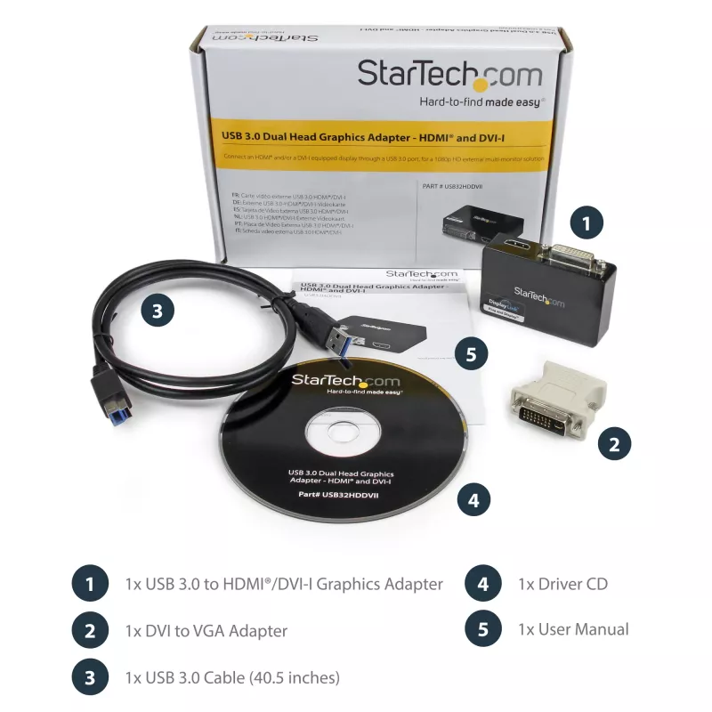 StarTech.com USB 3.0 į HDMI / DVI adapteris - 2048x1152, 3.2 Gen 1 (3.1 Gen 1), USB Type-B, DVI išvestis, HDMI išvestis, 2048 x 1152 pikseliai