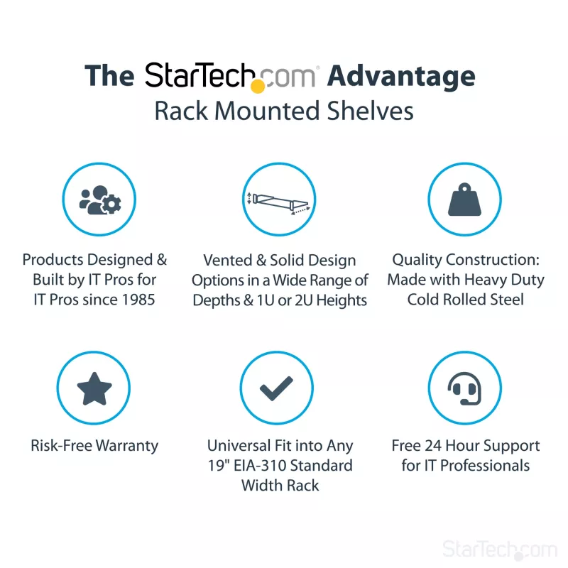 StarTech.com 2U serverio stovo lentyna - universali stovo tvirtinimo konsolinė lentyna 19 colių tinklo įrangos stovui ir spintai - tvirta plieninė – keliamoji galia 50 svarų / 23 kg - 22 colių gylio dėklas, juoda