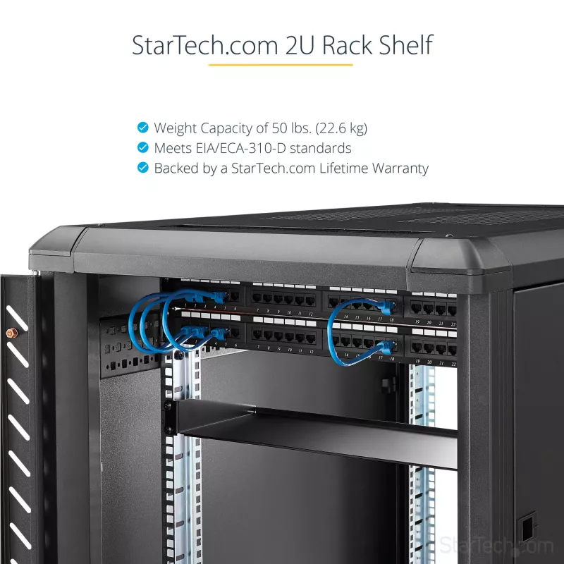StarTech.com 2U serverio stovo lentyna - universali stovo tvirtinimo konsolinė lentyna 19 colių tinklo įrangos stovui ir spintai - tvirta plieninė – keliamoji galia 50 svarų / 23 kg - 22 colių gylio dėklas, juoda