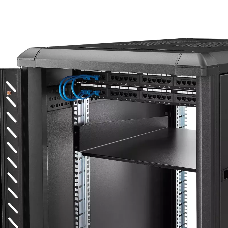 StarTech.com 2U serverio stovo lentyna - universali stovo tvirtinimo konsolinė lentyna 19 colių tinklo įrangos stovui ir spintai - tvirta plieninė – keliamoji galia 50 svarų / 23 kg - 22 colių gylio dėklas, juoda