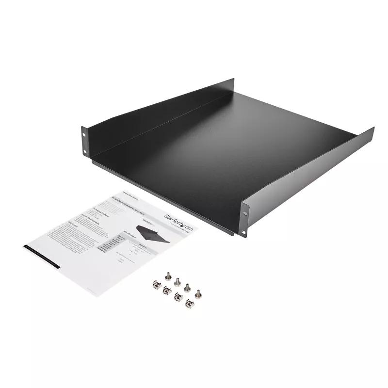 StarTech.com 2U serverio stovo lentyna - universali stovo tvirtinimo konsolinė lentyna 19 colių tinklo įrangos stovui ir spintai - tvirta plieninė – keliamoji galia 50 svarų / 23 kg - 22 colių gylio dėklas, juoda