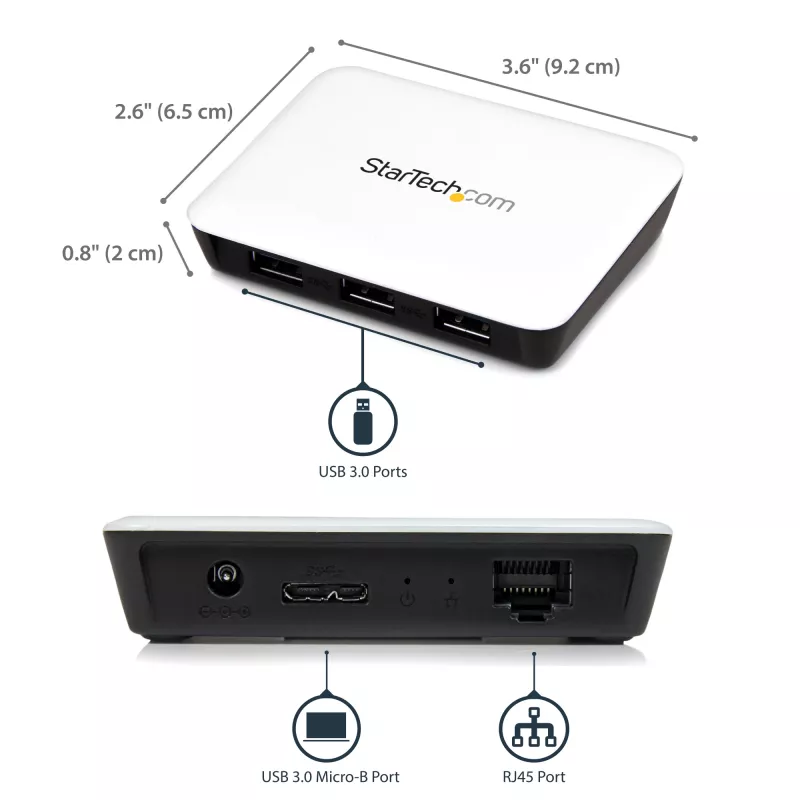 StarTech.com USB 3.0 prie Gigabit Ethernet NIC tinklo adapteris su 3 prievadų šakotuvu – balta