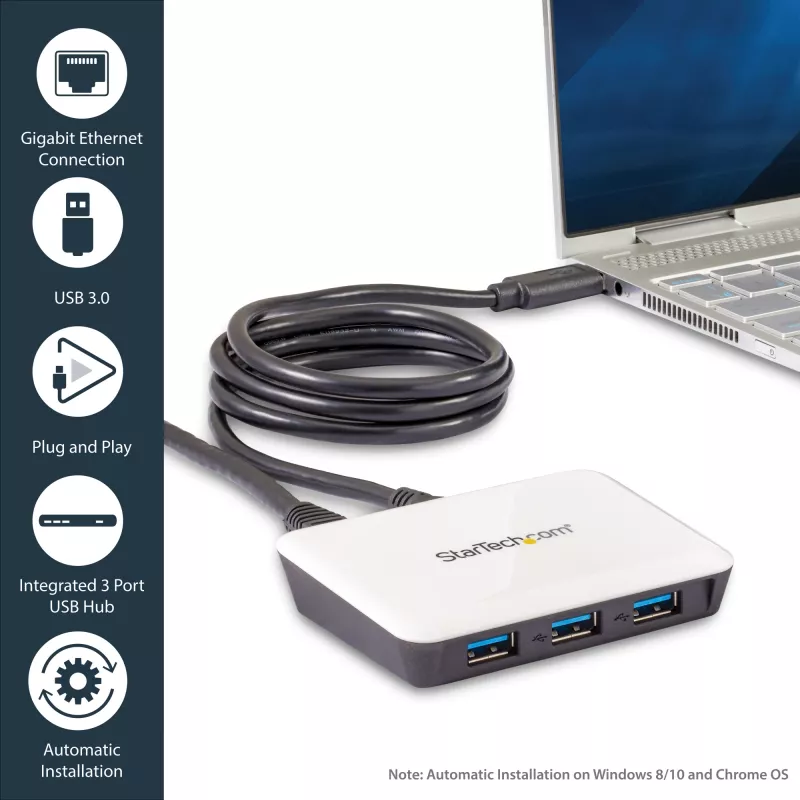 StarTech.com USB 3.0 prie Gigabit Ethernet NIC tinklo adapteris su 3 prievadų šakotuvu – balta
