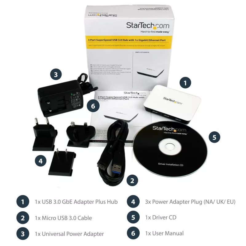 StarTech.com USB 3.0 prie Gigabit Ethernet NIC tinklo adapteris su 3 prievadų šakotuvu – balta