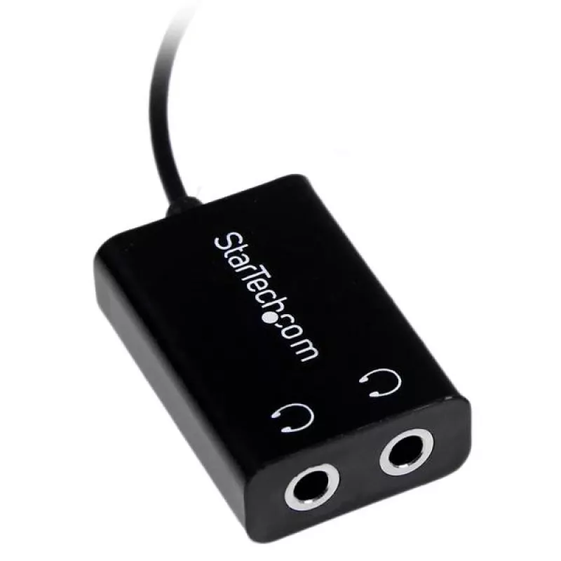 StarTech.com juodas plonas mini lizdo ausinių skirstytuvo laido adapteris - 3,5 mm kištukas į 2x 3,5 mm lizdus