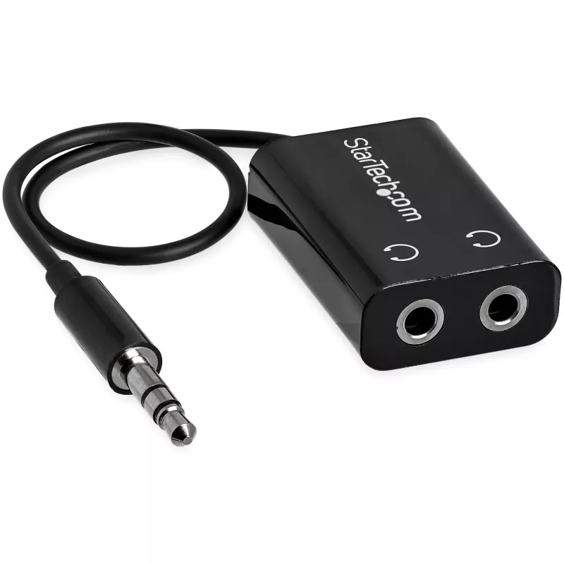 StarTech.com juodas plonas mini lizdo ausinių skirstytuvo laido adapteris - 3,5 mm kištukas į 2x 3,5 mm lizdus