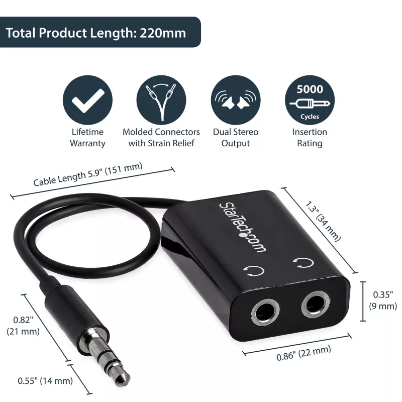 StarTech.com juodas plonas mini lizdo ausinių skirstytuvo laido adapteris - 3,5 mm kištukas į 2x 3,5 mm lizdus