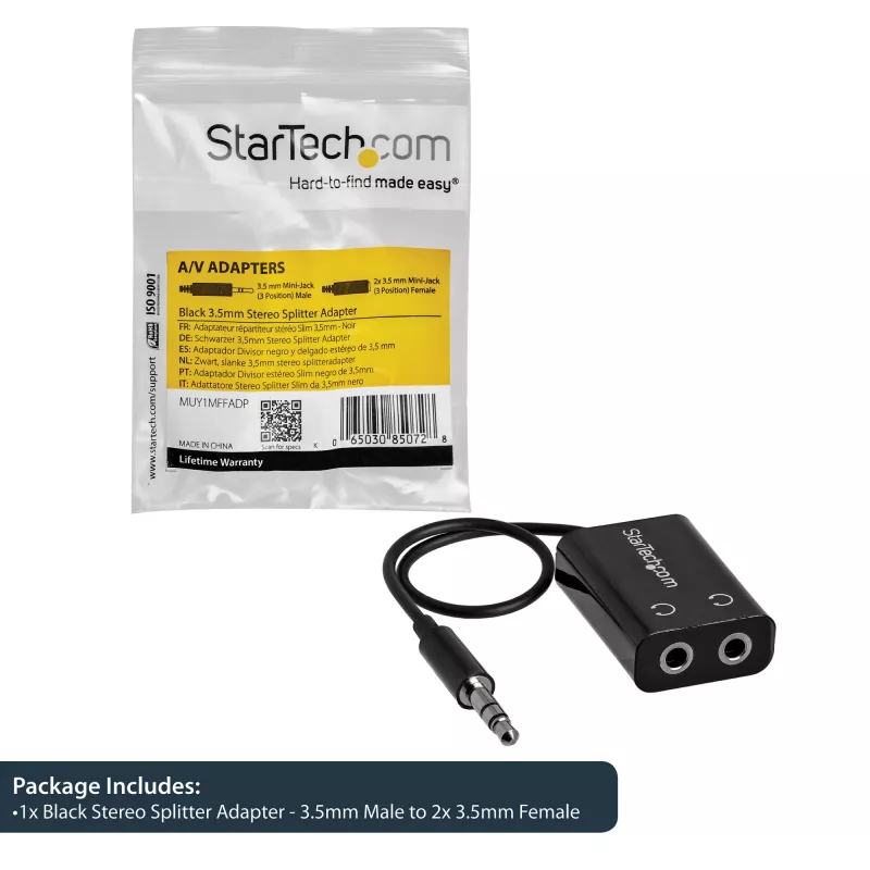 StarTech.com juodas plonas mini lizdo ausinių skirstytuvo laido adapteris - 3,5 mm kištukas į 2x 3,5 mm lizdus