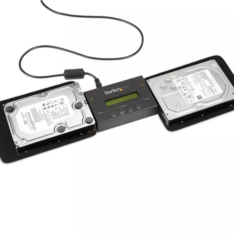 StarTech.com 1:1 autonominis standžiųjų diskų kopijuoklis ir trintuvas, SATA HDD/SSD disko klonavimo ir trynimo įrenginys, LCD ekranas, atitinka TAA, nepriklauso nuo OS