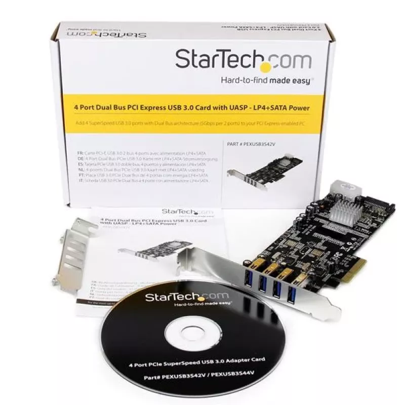 StarTech.com 4 prievadų PCI Express (PCIe) SuperSpeed USB 3.0 plokštės adapteris su 2 skirtaisiais 5 Gb/s kanalais – UASP – SATA / LP4 maitinimas