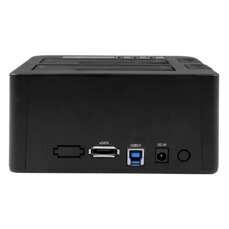 “StarTech.com” dviejų lizdų standžiųjų diskų dubliavimo įrenginys, atskiras USB 3.0 (5 Gbps) / eSATA – 2,5/3,5 col. SATA III HDD/SSD klonavimo/kopijavimo įrenginys, kietųjų diskų prijungimo stotelė, kietųjų diskų klonavimo įrenginys
